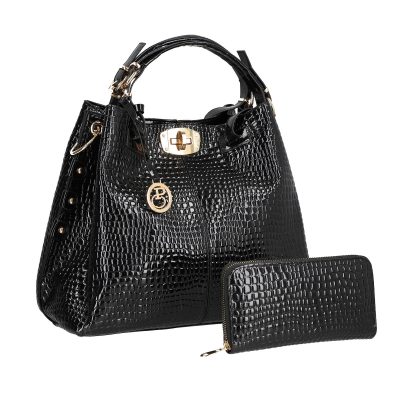 Set Geanta si Portofel - Set geanta dama cu portofel casual negru din piele ecologica cu doua compartimente BS22SET2302318