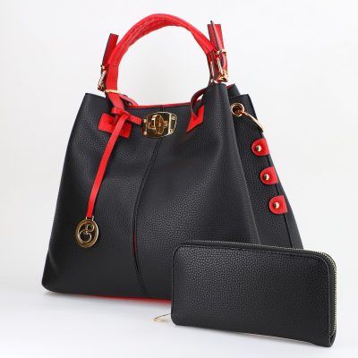 Set Geanta si Portofel - Set geanta dama cu portofel casual negru maner rosu din piele ecologica cu doua compartimente