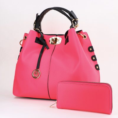 Set Geanta si Portofel - Set geanta dama cu portofel casual roz din piele ecologica cu doua compartimente BS22SET2311327