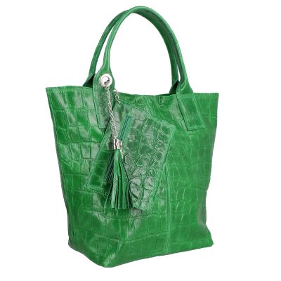 Geanta de Mana - Geanta Dama din Piele Naturala Texturata Shopper Verde, Breloc cu Buzunar - Laura Biaggi BS0201SH2303025