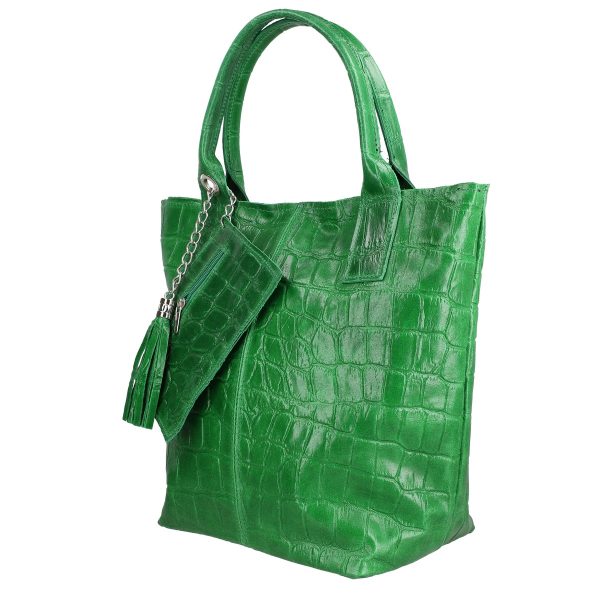 Geanta din piele naturala texturata Shopper verde breloc cu buzunar Laura Biaggi BS0201SH2303025 4