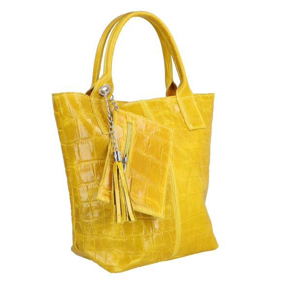 Geanta de Mana - Geanta din piele naturala texturata Shopper galben breloc cu buzunar Laura Biaggi BS0201SH2303027