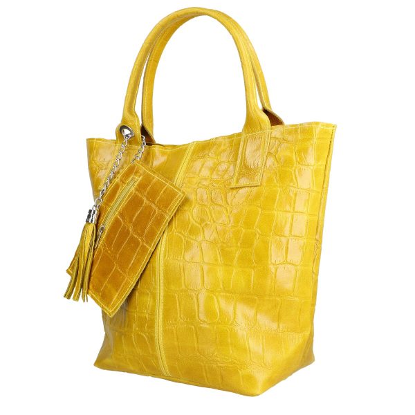 Geanta din piele naturala texturata Shopper galben breloc cu buzunar Laura Biaggi BS0201SH2303027 4