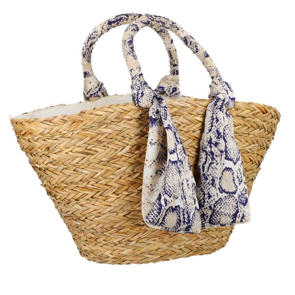 Genti Dama - Geanta de plaja mare din paie naturale cu esarfa bleumarin Mandoline (BS460B2306021)