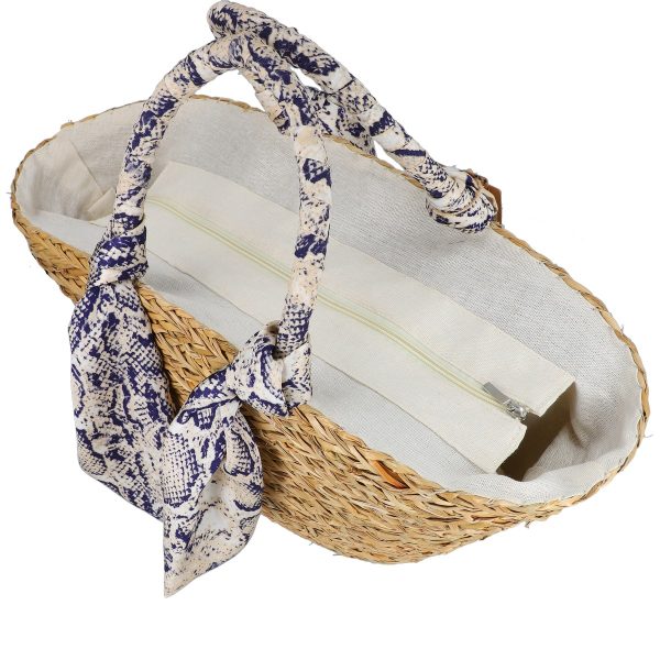 Geanta de plaja mare din paie naturale cu esarfa bleumarin Mandoline (BS460B2306021) 6
