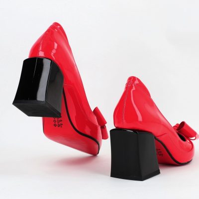 Pantofi Dama cu Toc Gros din Piele Eco cu Fundita Roșu - BS733PT2305428