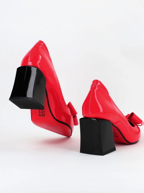 Pantofi Dama cu Toc Gros din Piele Eco cu Fundita Roșu - BS733PT2305428 5