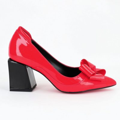 Incaltaminte Dama - Pantofi Dama cu Toc Gros din Piele Eco cu Fundita Roșu - BS733PT2305428