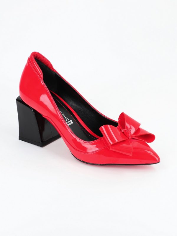 Pantofi Dama cu Toc Gros din Piele Eco cu Fundita Roșu - BS733PT2305428 8