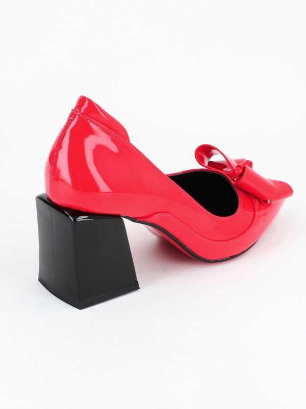 Pantofi Dama cu Toc Gros din Piele Eco cu Fundita Roșu - BS733PT2305428 6