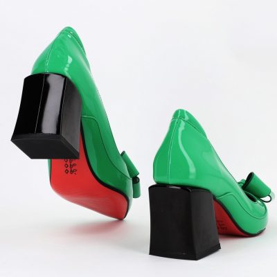 Pantofi Dama cu Toc Gros din Piele Eco cu Fundita Verde - BS733PT2305427