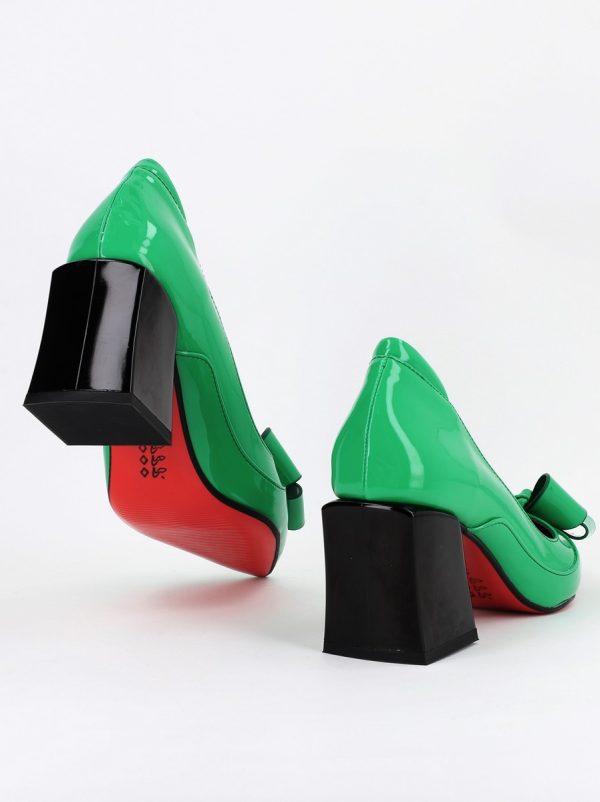 Pantofi Dama cu Toc Gros din Piele Eco cu Fundita Verde - BS733PT2305427 4