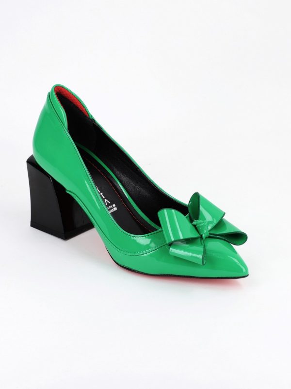 Pantofi Dama cu Toc Gros din Piele Eco cu Fundita Verde - BS733PT2305427 7
