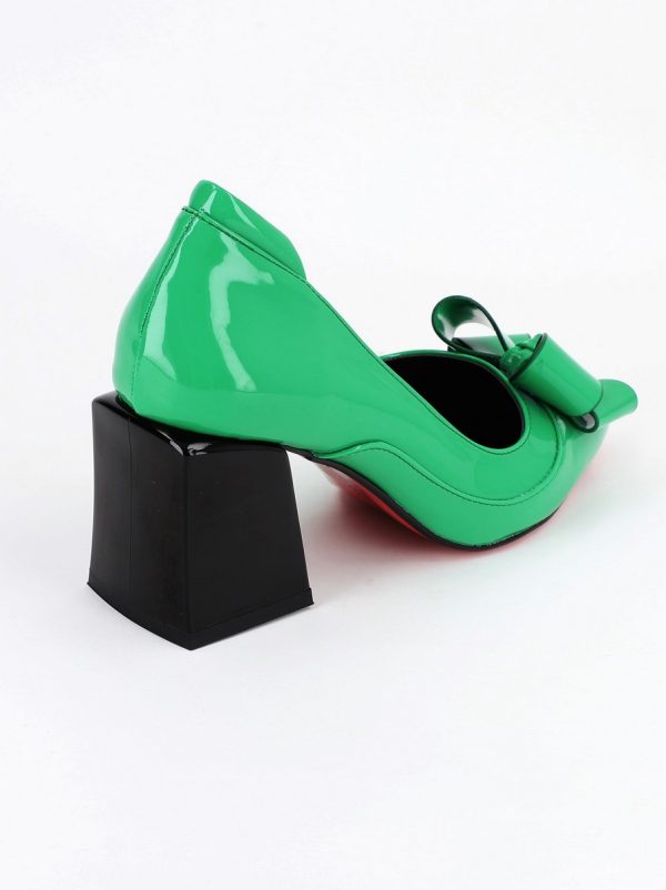 Pantofi Dama cu Toc Gros din Piele Eco cu Fundita Verde - BS733PT2305427 5