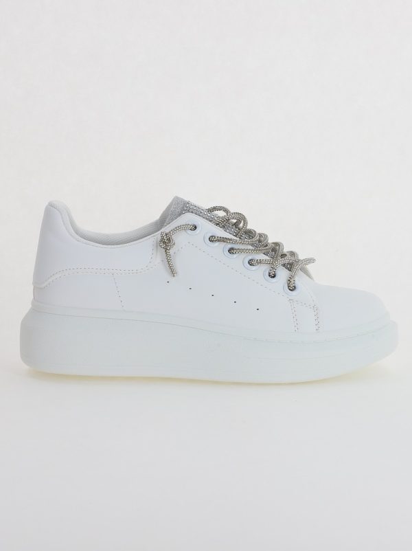 Pantofi sport dama albi cu talpa groasa cu sireturi cu pietricele culoare argintiu (BS226EV2307114) 6