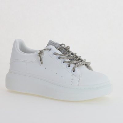 Incaltaminte Dama - Pantofi sport dama albi cu talpa groasa cu sireturi cu pietricele culoare argintiu (BS226EV2307114)