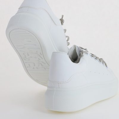Pantofi sport dama albi cu talpa groasa cu sireturi cu pietricele culoare argintiu (BS226EV2307114)