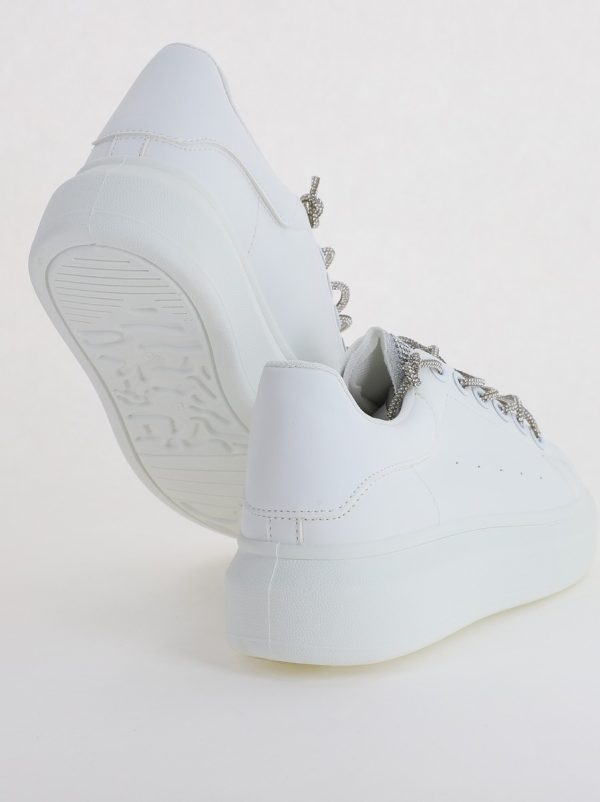 Pantofi sport dama albi cu talpa groasa cu sireturi cu pietricele culoare argintiu (BS226EV2307114) 5