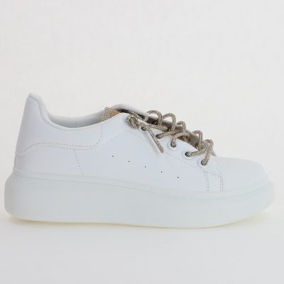 Pantofi sport dama albi cu talpa groasa cu sireturi cu pietricele culoare auriu (BS226EV2307113)