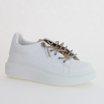 Pantofi Sport Dama - Pantofi sport dama albi cu talpa groasa cu sireturi cu pietricele culoare auriu (BS226EV2307113)