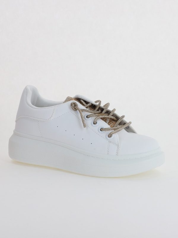 Incaltaminte Dama - Pantofi sport dama albi cu talpa groasa cu sireturi cu pietricele culoare auriu (BS226EV2307113)
