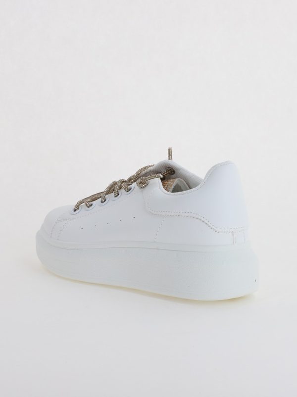 Pantofi sport dama albi cu talpa groasa cu sireturi cu pietricele culoare auriu (BS226EV2307113) 7