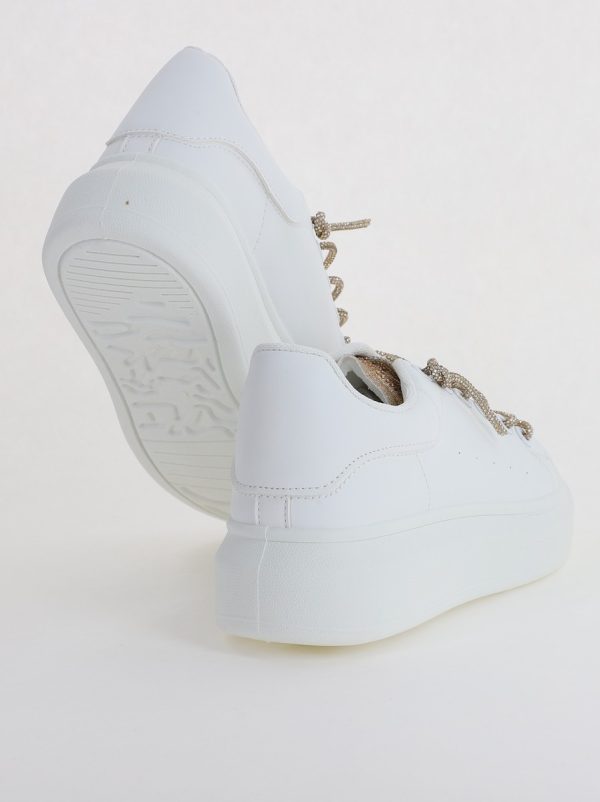 Pantofi sport dama albi cu talpa groasa cu sireturi cu pietricele culoare auriu (BS226EV2307113) 8