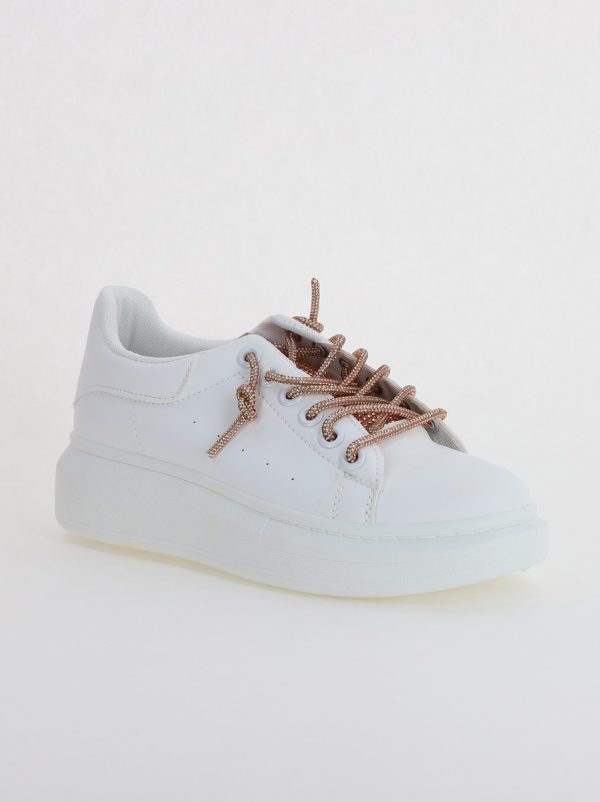 Incaltaminte Dama - Pantofi sport dama albi cu talpa groasa cu sireturi cu pietricele culoare sampanie (BS226EV2307112)