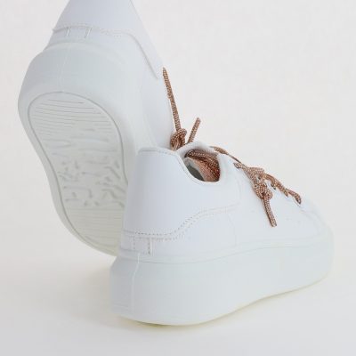 Pantofi sport dama albi cu talpa groasa cu sireturi cu pietricele culoare sampanie (BS226EV2307112)