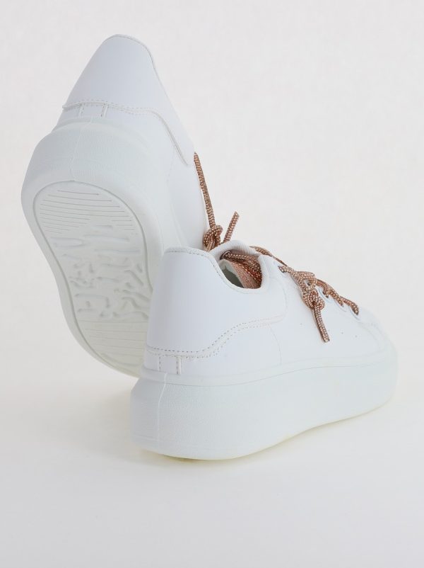 Pantofi sport dama albi cu talpa groasa cu sireturi cu pietricele culoare sampanie (BS226EV2307112) 5