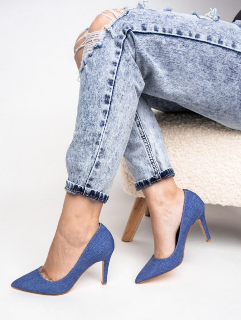 Pantofi Dama cu Toc subtire stiletto albastru inchis denim