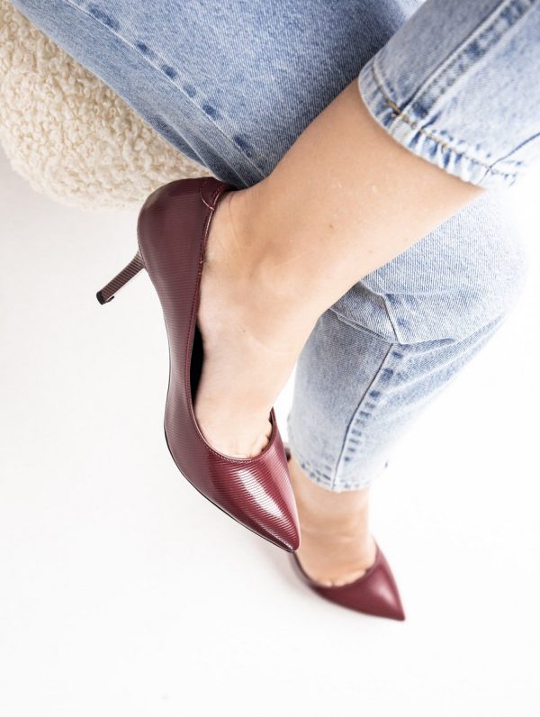 Pantofi Dama cu Toc subtire stiletto din Piele Eco Bordo cu dungi (BS795AY2308160) 5