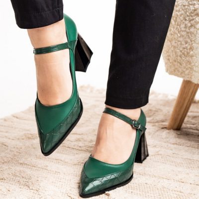 Pantofi Dama Piele Eco vartf ascutit cu Toc verde