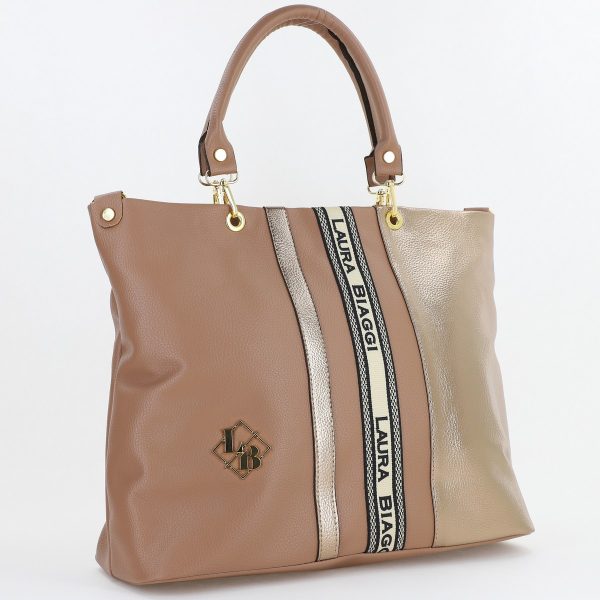 Geanta Dama Shopper Piele Ecologica Taupe cu Auriu Bretea de Umar Laura Biaggi BS225SH23090358 5