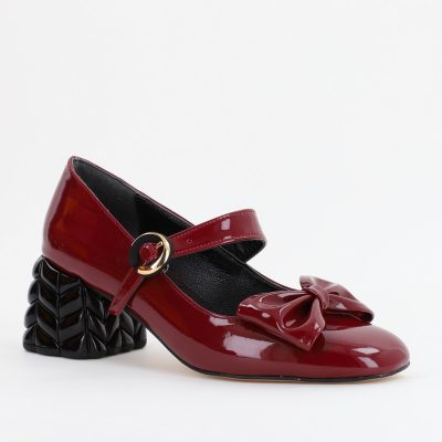 Incaltaminte Dama - Pantofi cu Toc Eleganti cu Fundiță din Piele Ecologica culoare Bordo Lucios - BS300AY2309250