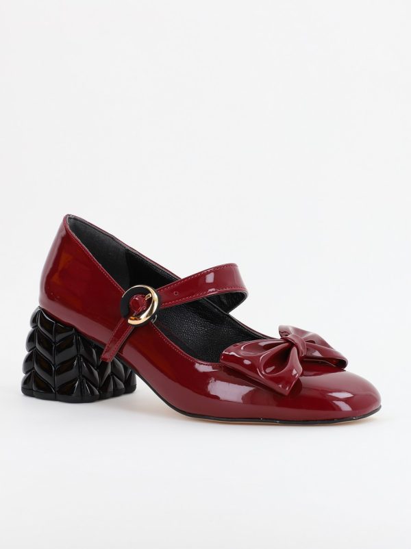 Incaltaminte Dama - Pantofi cu Toc Eleganti cu Fundiță din Piele Ecologica culoare Bordo Lucios - BS300AY2309250