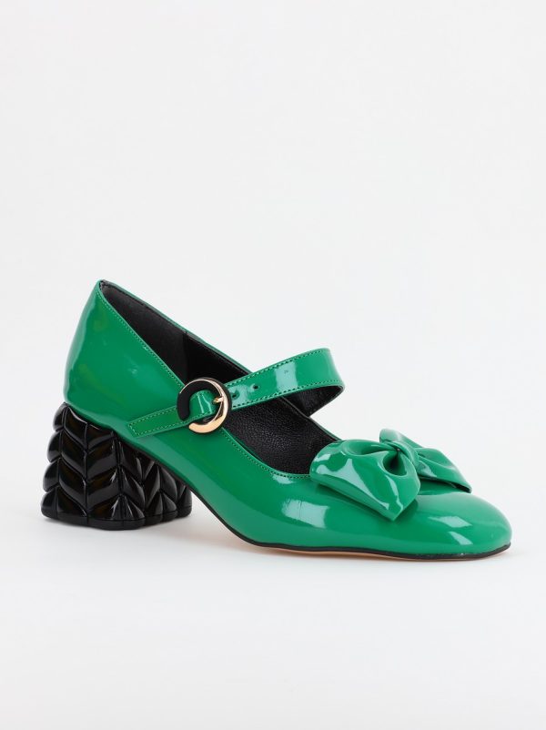 Incaltaminte Dama - Pantofi cu Toc Eleganti cu Fundiță din Piele Ecologica culoare Verde Lucios - BS300AY2309252