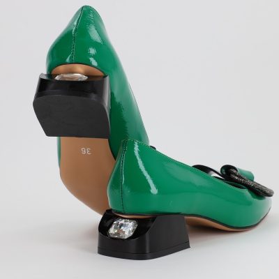 Pantofi din Piele Ecologica de femei Eleganti Verde cu Toc Jos cu ornament