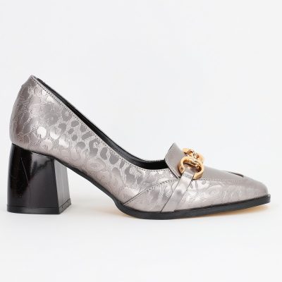 Pantofi Dama cu Toc din Piele Ecologica design cu lant argintiu - BS520AY2309130