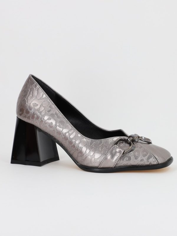 Incaltaminte Dama - Pantofi Dama cu Toc din Piele Ecologica Varf Drept Argintiu - BS1253AY2309125