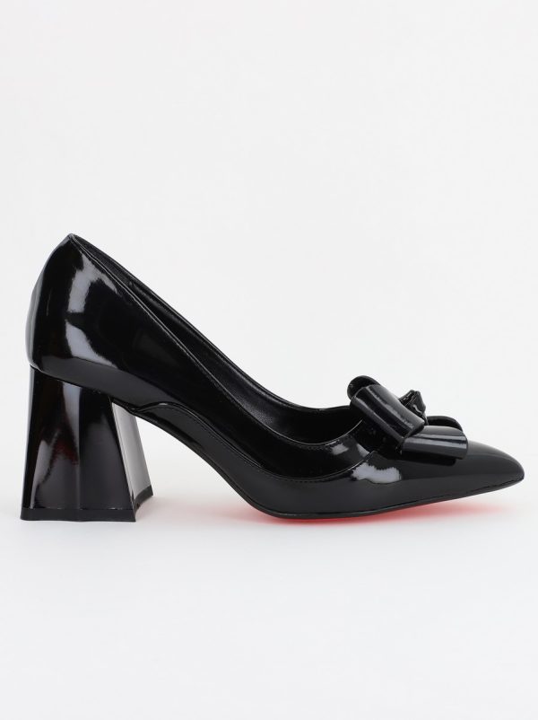 Pantofi Dama cu Toc Gros din Piele Eco cu Fundita Negru lucios - BS733PT2309208 5