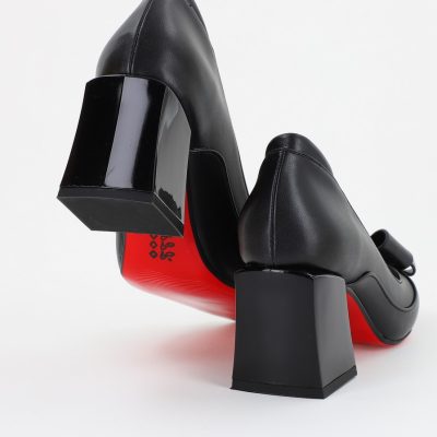 Pantofi de Femei cu Toc Gros si Fundita Negru mat din Piele Eco