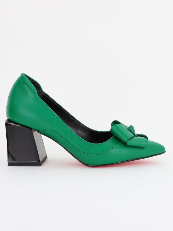 Incaltaminte Dama - Pantofi Dama cu Toc Gros din Piele Eco cu Fundita Verde Mat - BS733PT2309213
