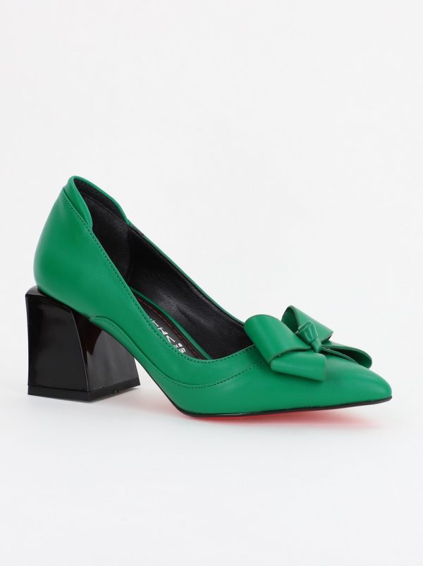 Pantofi Dama cu Toc Gros din Piele Eco cu Fundita Verde Mat - BS733PT2309213 5
