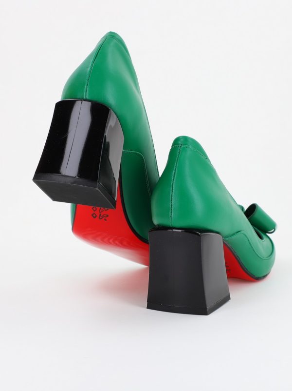 Pantofi Dama cu Toc Gros din Piele Eco cu Fundita Verde Mat - BS733PT2309213 4