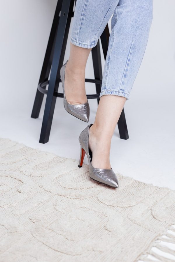 Pantofi Dama cu Toc subtire stiletto argintiu cu model (BS799AY2309101) 9