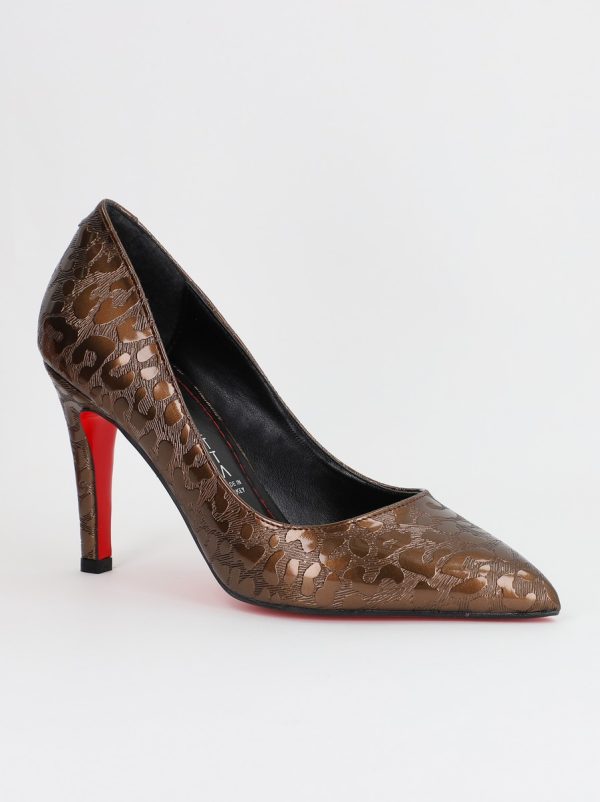 Incaltaminte Dama - Pantofi Dama cu Toc subtire stiletto Bronz cu model (BS799AY2309103)