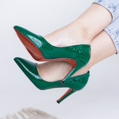 Pantofi Dama cu Toc subtire stiletto Verde cu model