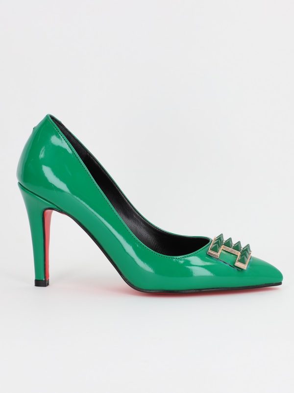 Pantofi de Dama cu Toc Stiletto din Piele Ecologica si Detalii Decorative Verde BS797AY2309138 8