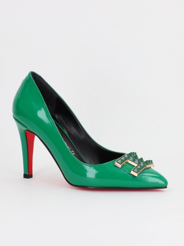 Incaltaminte Dama - Pantofi de Dama cu Toc Stiletto din Piele Ecologica si Detalii Decorative Verde BS797AY2309138
